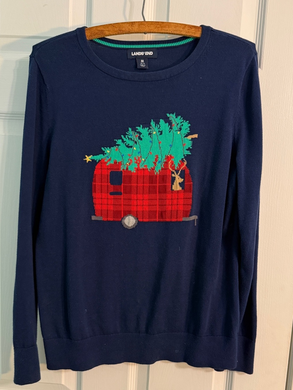 Lands' End Navy holiday Christmas Sweater with Red Plaid Camper medium